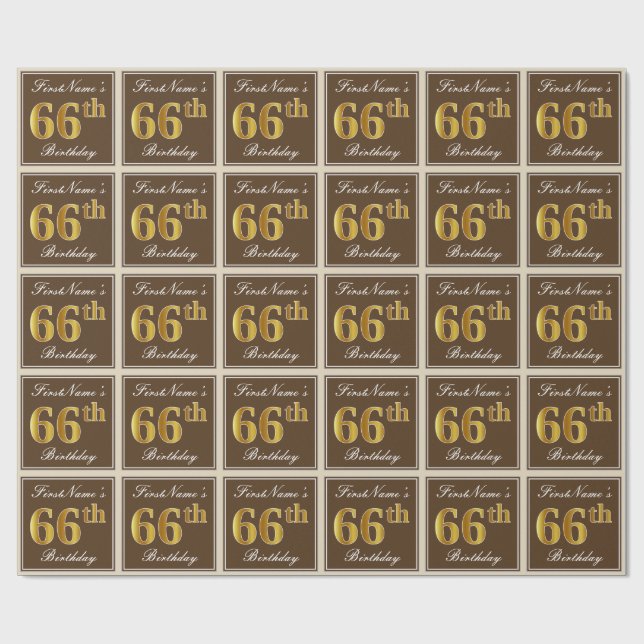 Elegant, Brown, Faux Gold 66th Birthday + Name Wrapping Paper (Flat)