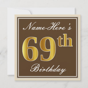 Elegant, Brown, Faux Gold 69th Birthday + Name Invitation