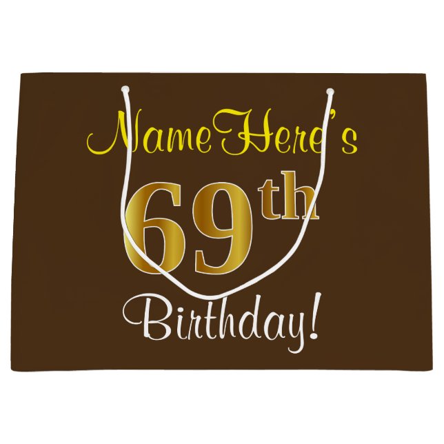 Elegant, Brown, Faux Gold 69th Birthday + Name Large Gift Bag (Front)