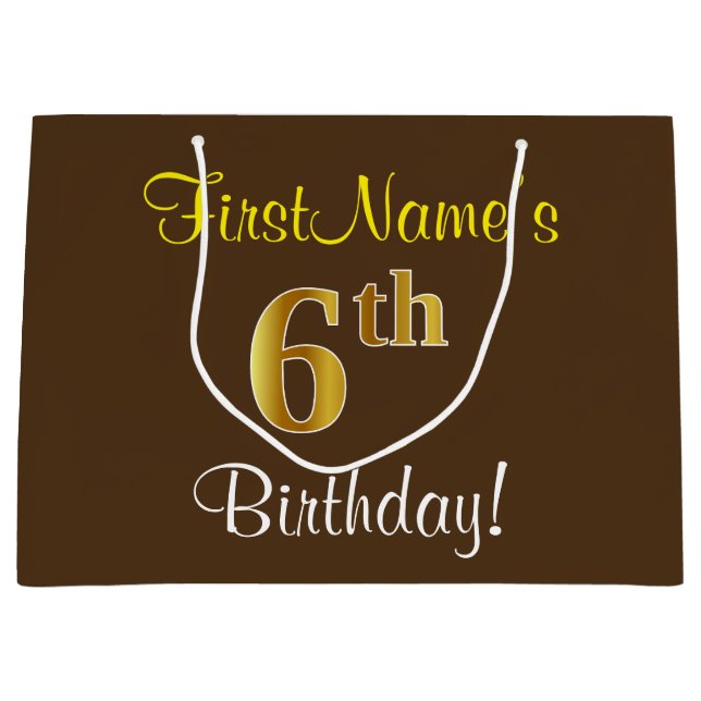 Elegant, Brown, Faux Gold 6th Birthday + Name Large Gift Bag (Front)