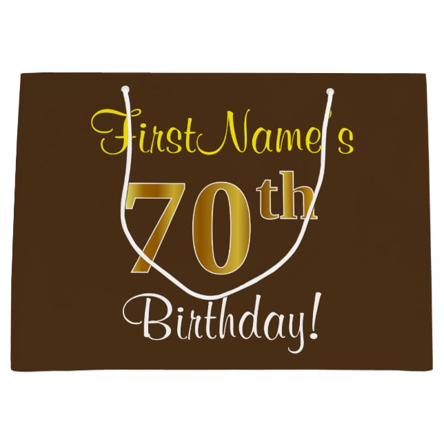 Elegant, Brown, Faux Gold 70th Birthday + Name Large Gift Bag (Front)