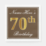 [ Thumbnail: Elegant Brown, Faux Gold 70th Birthday + Name Napkins ]