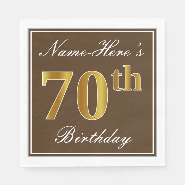 Elegant Brown, Faux Gold 70th Birthday + Name Paper Napkins (Front)