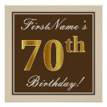 [ Thumbnail: Elegant, Brown, Faux Gold 70th Birthday + Name Poster ]