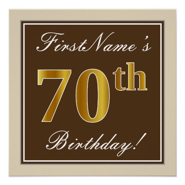 Elegant, Brown, Faux Gold 70th Birthday + Name Poster (Front)