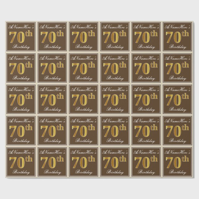Elegant, Brown, Faux Gold 70th Birthday + Name Wrapping Paper (Flat)