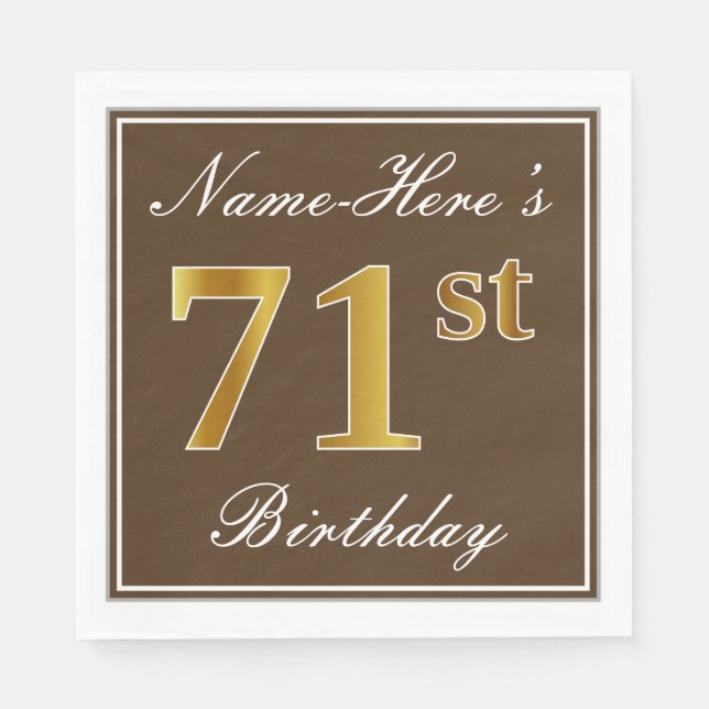 Elegant Brown, Faux Gold 71st Birthday + Name Napkins (Front)