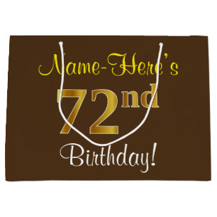 Elegant, Brown, Faux Gold 72nd Birthday + Name Large Gift Bag
