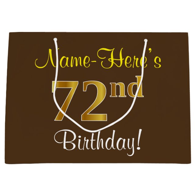 Elegant, Brown, Faux Gold 72nd Birthday + Name Large Gift Bag (Front)