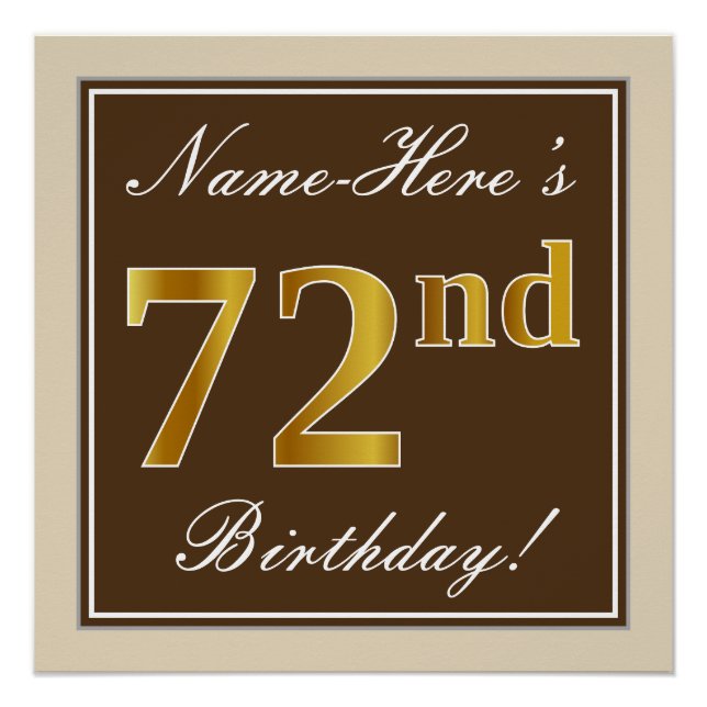 Elegant, Brown, Faux Gold 72nd Birthday + Name Poster (Front)