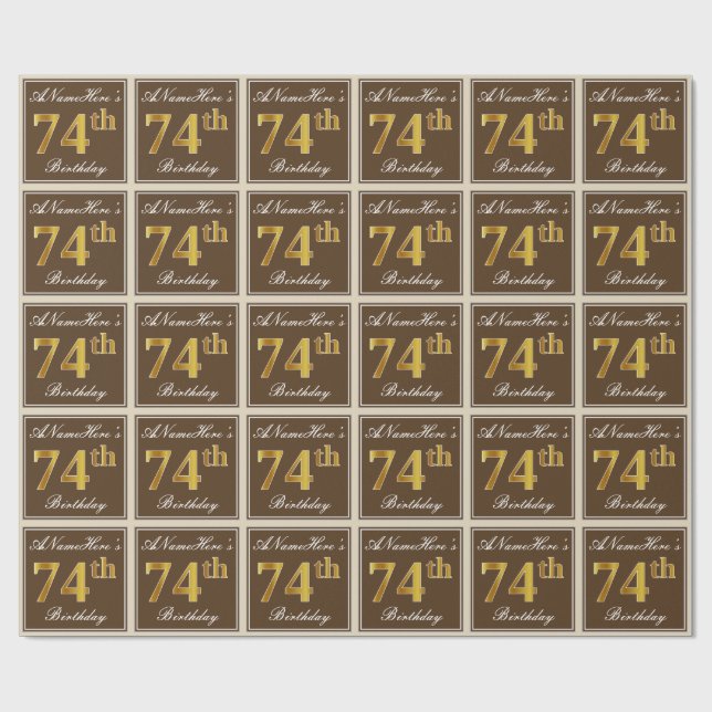 Elegant, Brown, Faux Gold 74th Birthday + Name Wrapping Paper (Flat)