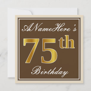 Elegant, Brown, Faux Gold 75th Birthday + Name Invitation