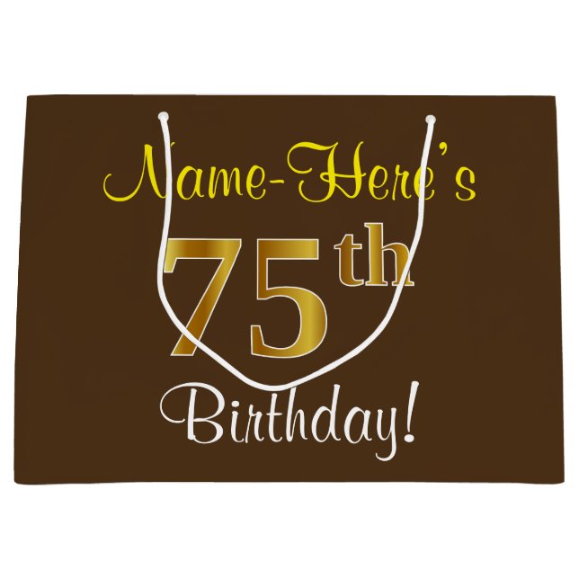 Elegant, Brown, Faux Gold 75th Birthday + Name Large Gift Bag (Front)
