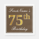 [ Thumbnail: Elegant Brown, Faux Gold 75th Birthday + Name Napkins ]