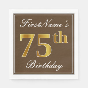 Elegant Brown, Faux Gold 75th Birthday + Name Paper Napkins
