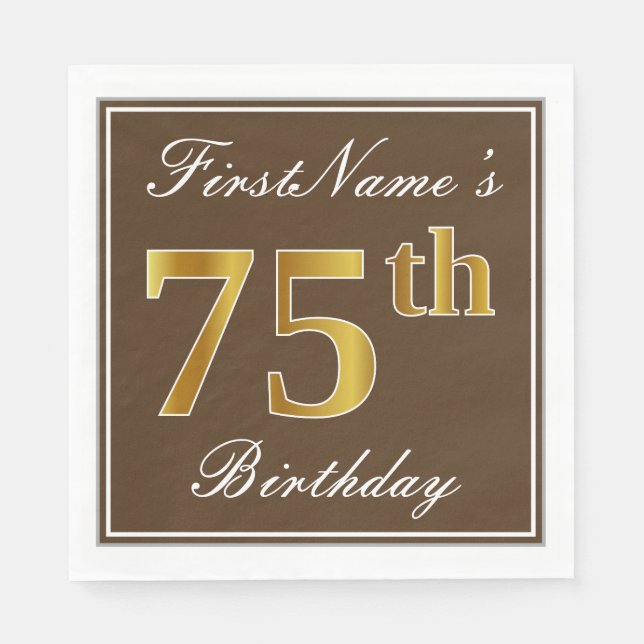 Elegant Brown, Faux Gold 75th Birthday + Name Paper Napkins (Front)