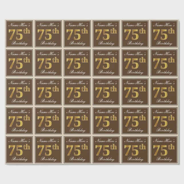Elegant, Brown, Faux Gold 75th Birthday + Name Wrapping Paper (Flat)