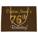 [ Thumbnail: Elegant, Brown, Faux Gold 76th Birthday + Name Gift Bag ]