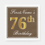 [ Thumbnail: Elegant Brown, Faux Gold 76th Birthday + Name Napkins ]