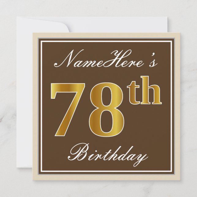 Elegant, Brown, Faux Gold 78th Birthday + Name Invitation (Front)