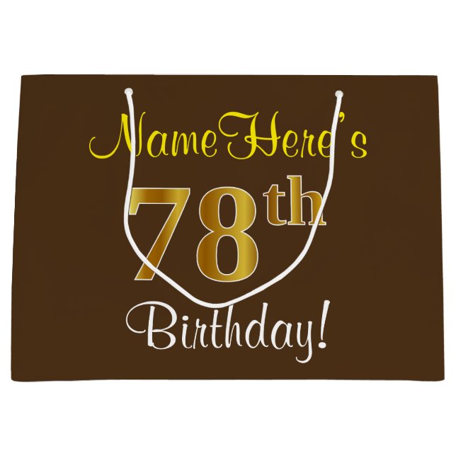 Elegant, Brown, Faux Gold 78th Birthday + Name Large Gift Bag (Front)