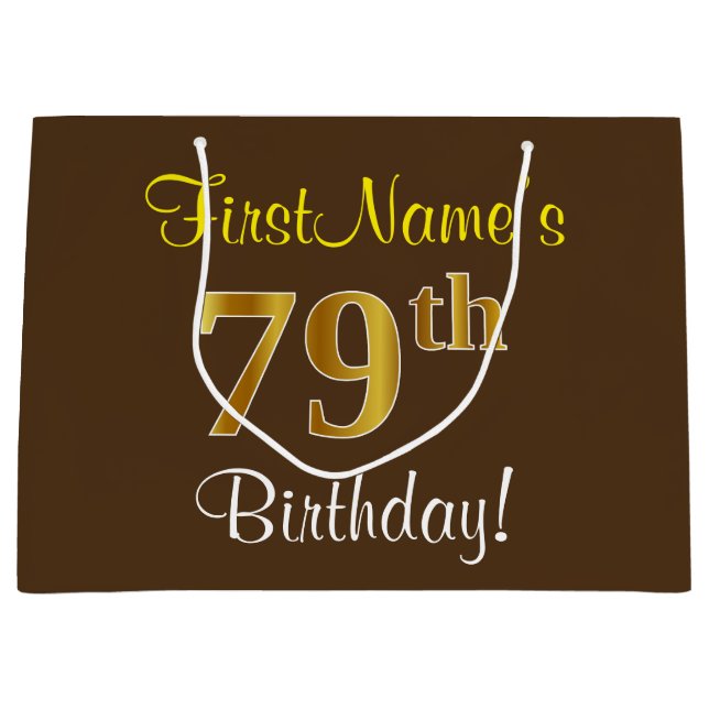 Elegant, Brown, Faux Gold 79th Birthday + Name Large Gift Bag (Front)