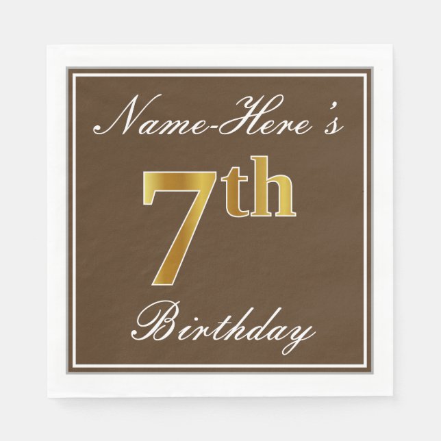 Elegant Brown, Faux Gold 7th Birthday; Custom Name Napkins (Front)