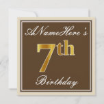 [ Thumbnail: Elegant, Brown, Faux Gold 7th Birthday + Name Invitation ]