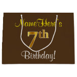 [ Thumbnail: Elegant, Brown, Faux Gold 7th Birthday + Name Gift Bag ]