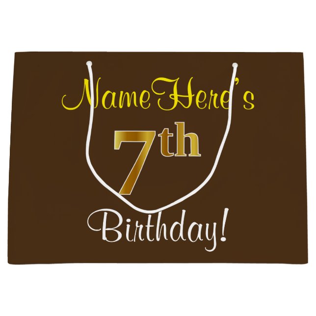 Elegant, Brown, Faux Gold 7th Birthday + Name Large Gift Bag (Front)
