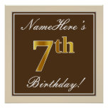 [ Thumbnail: Elegant, Brown, Faux Gold 7th Birthday + Name Poster ]