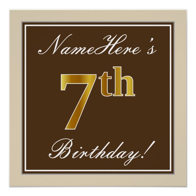 Elegant, Brown, Faux Gold 7th Birthday + Name Poster (Front)