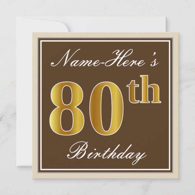 Elegant, Brown, Faux Gold 80th Birthday + Name Invitation (Front)