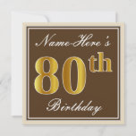 [ Thumbnail: Elegant, Brown, Faux Gold 80th Birthday + Name Invitation ]