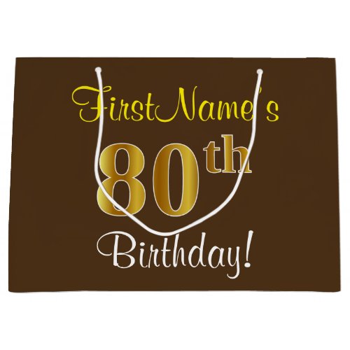 Elegant Brown Faux Gold 80th Birthday  Name Large Gift Bag