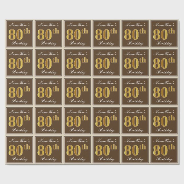 Elegant, Brown, Faux Gold 80th Birthday + Name Wrapping Paper (Flat)