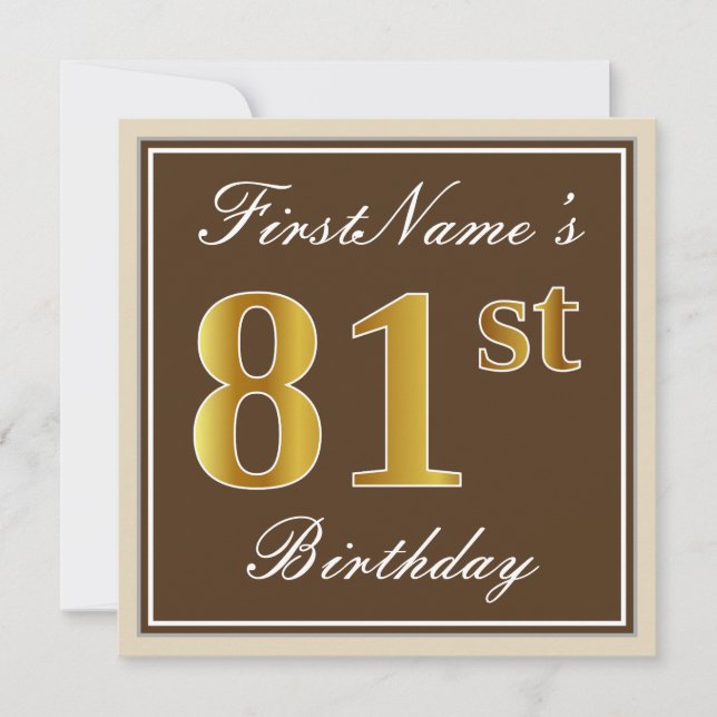 Elegant, Brown, Faux Gold 81st Birthday + Name Invitation (Front)