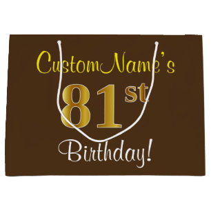 Elegant, Brown, Faux Gold 81st Birthday + Name Large Gift Bag