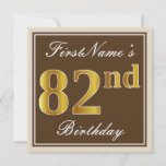 [ Thumbnail: Elegant, Brown, Faux Gold 82nd Birthday + Name Invitation ]