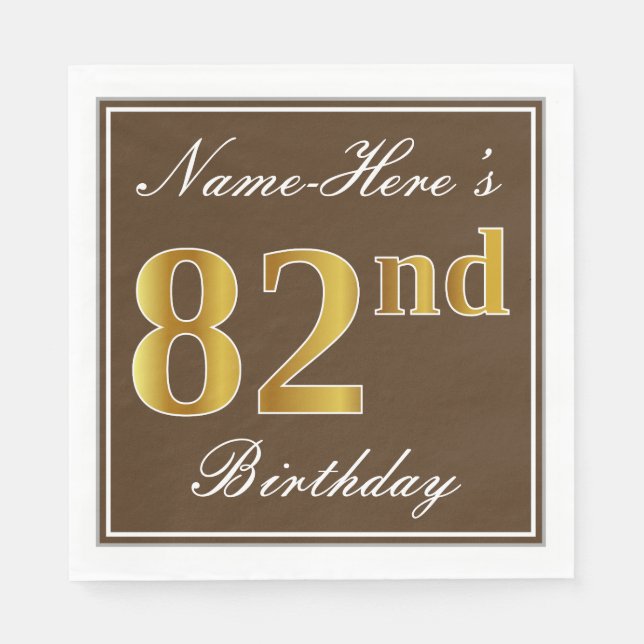 Elegant Brown, Faux Gold 82nd Birthday + Name Napkins (Front)