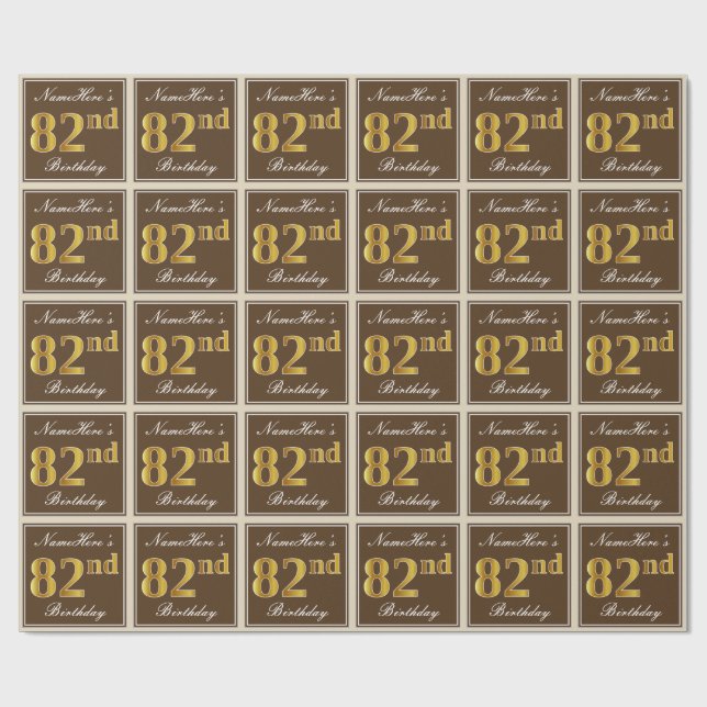 Elegant, Brown, Faux Gold 82nd Birthday + Name Wrapping Paper (Flat)