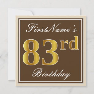 Elegant, Brown, Faux Gold 83rd Birthday + Name Invitation