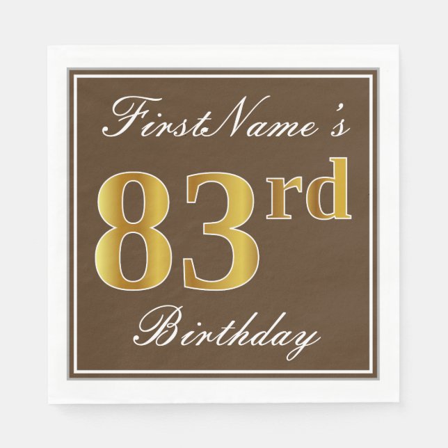 Elegant Brown, Faux Gold 83rd Birthday + Name Paper Napkins (Front)