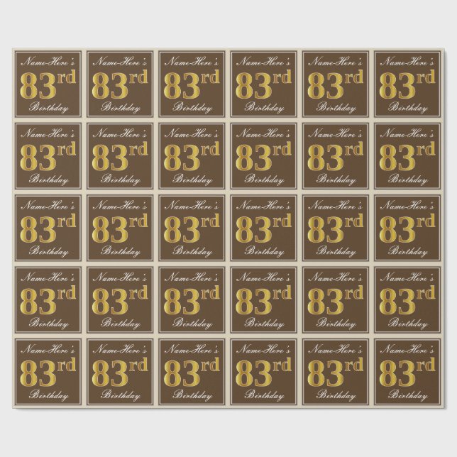 Elegant, Brown, Faux Gold 83rd Birthday + Name Wrapping Paper (Flat)