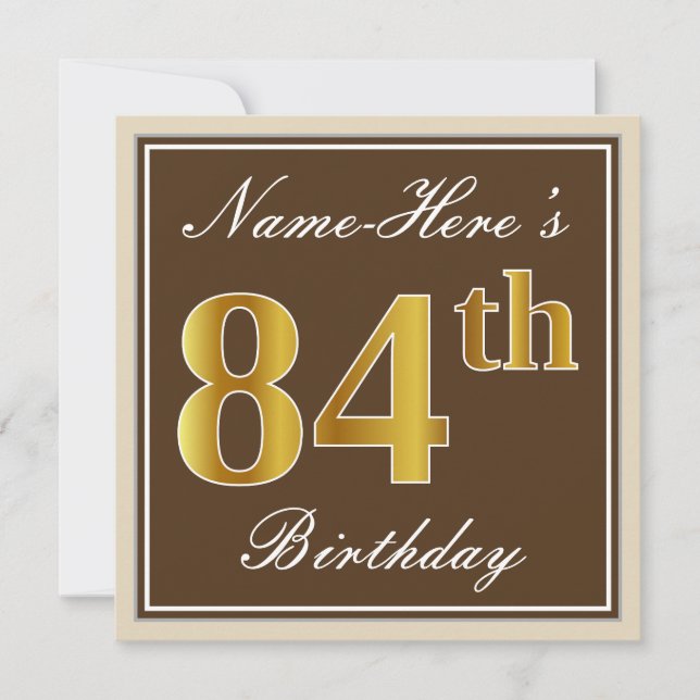 Elegant, Brown, Faux Gold 84th Birthday + Name Invitation (Front)