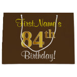 [ Thumbnail: Elegant, Brown, Faux Gold 84th Birthday + Name Gift Bag ]