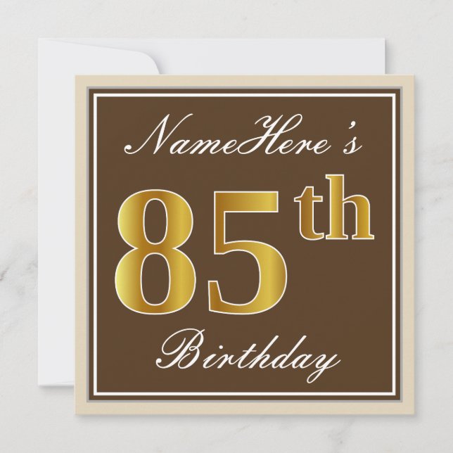 Elegant, Brown, Faux Gold 85th Birthday + Name Invitation (Front)