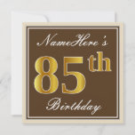 [ Thumbnail: Elegant, Brown, Faux Gold 85th Birthday + Name Invitation ]