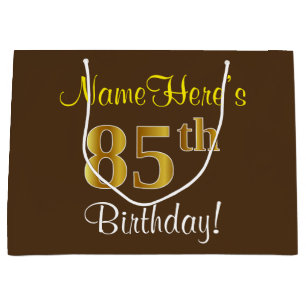 Elegant, Brown, Faux Gold 85th Birthday + Name Large Gift Bag