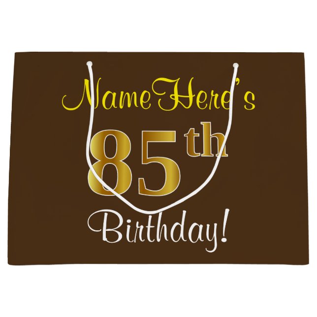 Elegant, Brown, Faux Gold 85th Birthday + Name Large Gift Bag (Front)